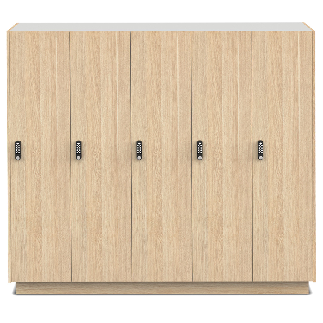 Melamine locker bank of single-door lockers finished in classic oak with digital combination locks