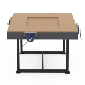 steel framed school woodwork bench with 4 x vices and tool well in top